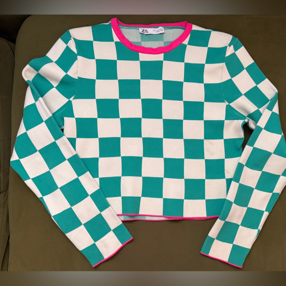 Zara Checkered Top - Teal and White with Pink Trim